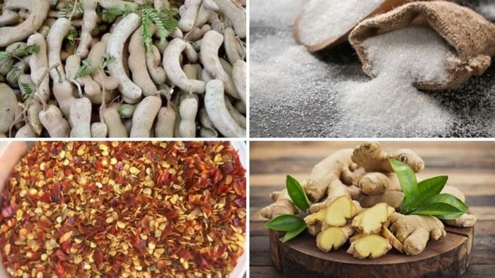 Các nguyên liệu để chế biến món mứt me ngào đường muối ớt